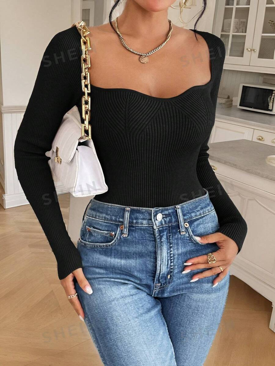 SHEIN Frenchy Sweetheart Neck Ribbed Knit Jacquard Grain Black Sweater | SHEIN