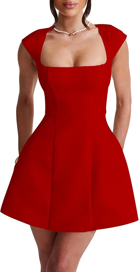 LuFeng Women's Square Neck Cap Sleeve Fully Lined Mini Dress Zipper A Line Party Club Dresses | Amazon (US)