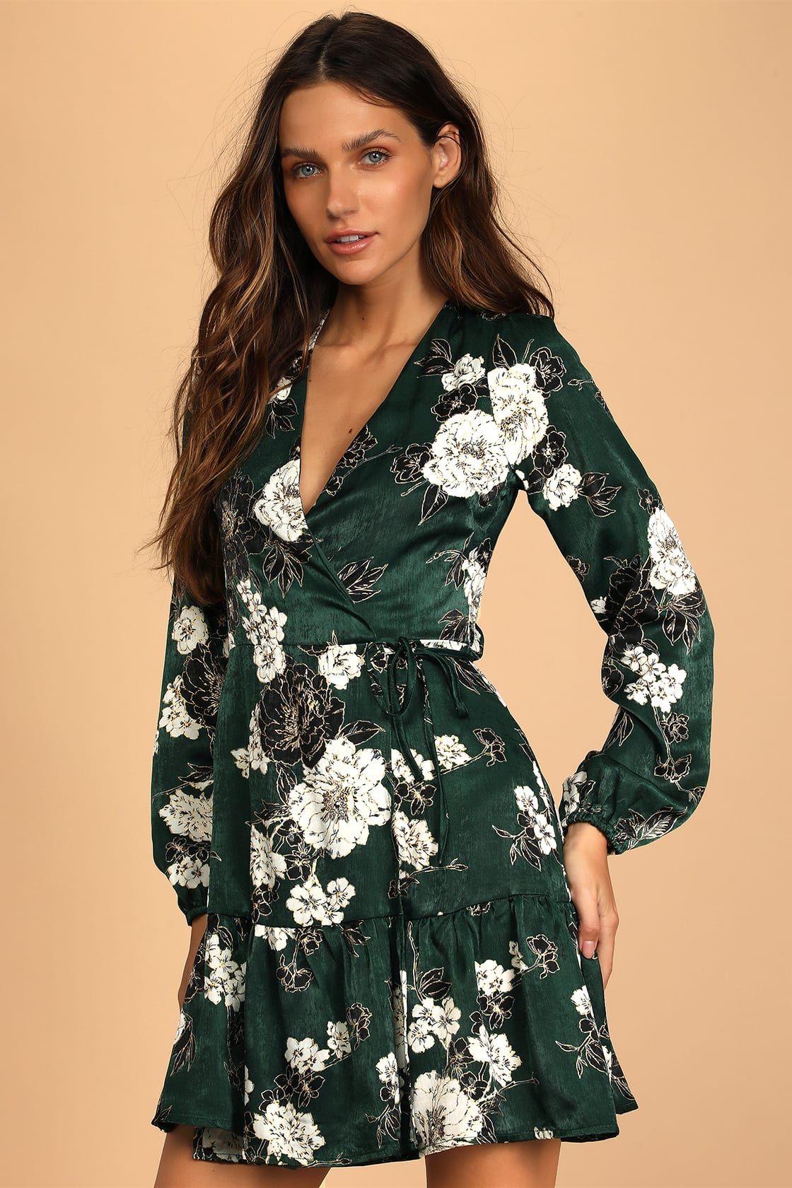 So Splendid Dark Green Floral Satin Long Sleeve Wrap Dress | Lulus (US)