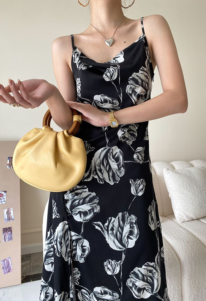 Floral Sketch Side Button Split Satin Dress in Black | Chicwish