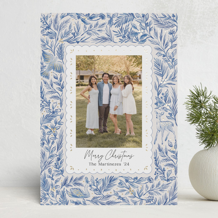 "Winter Cottage" - Customizable Foil-pressed Holiday Cards in Beige or Blue by Elly. | Minted