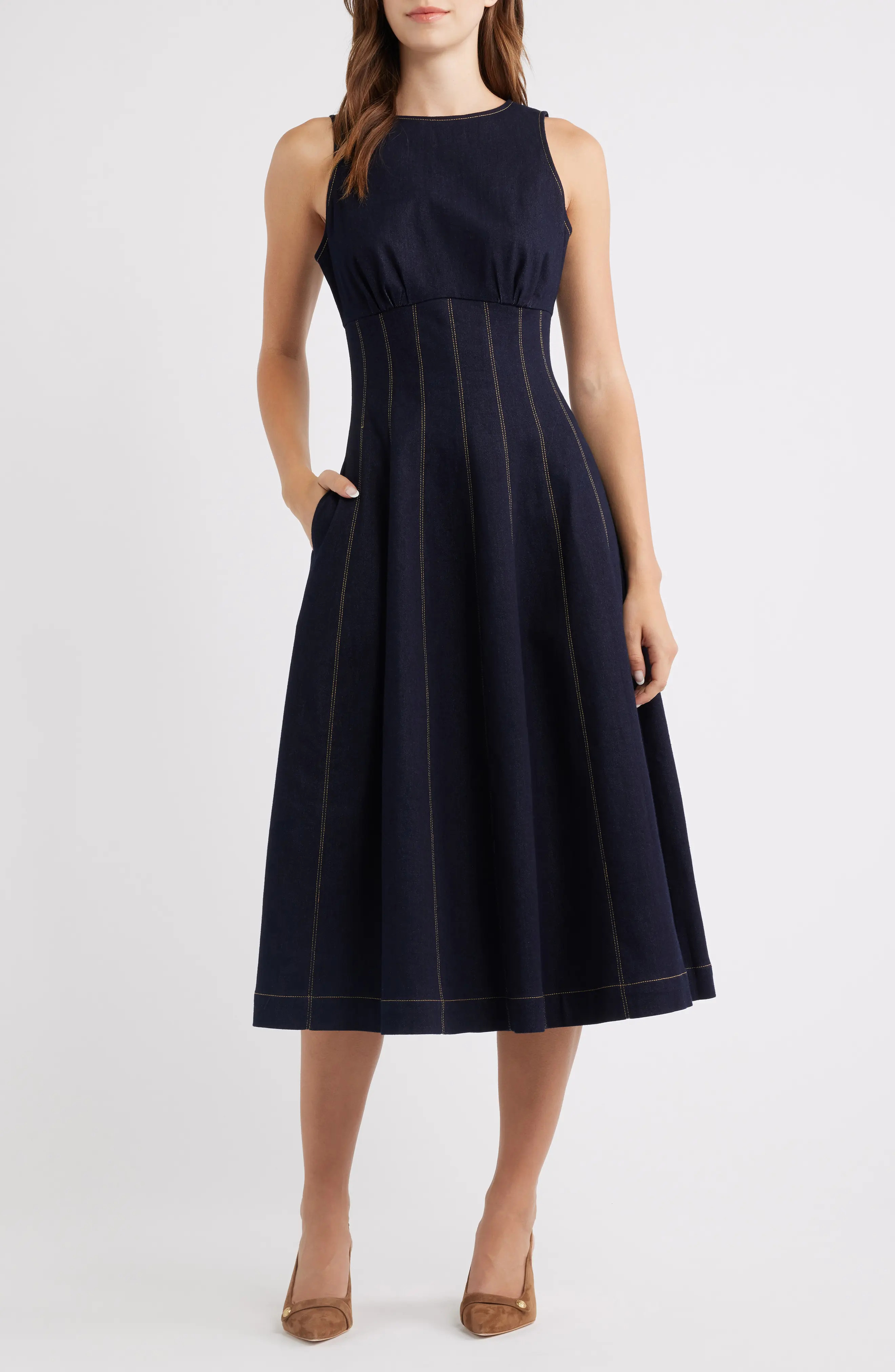 ZOE AND CLAIRE Contrast Stitch Denim Midi Dress (Women) | Nordstrom | Nordstrom