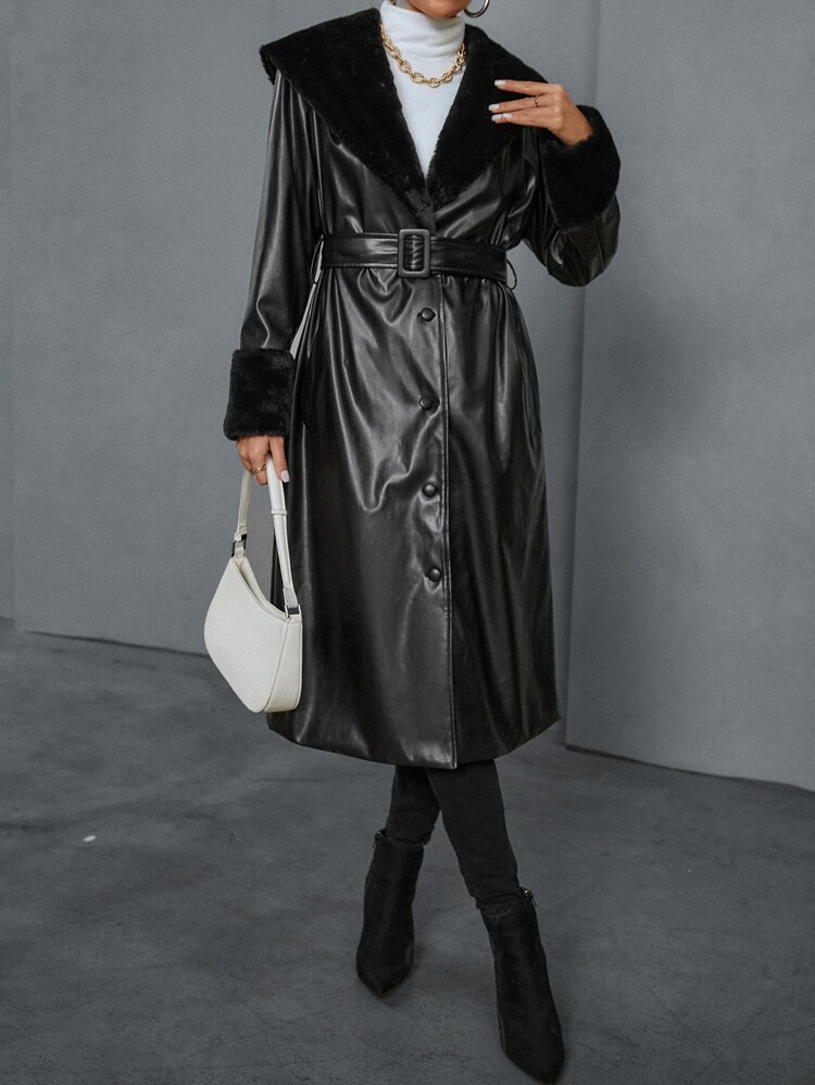 Borg Collar Belted PU Leather Coat | SHEIN