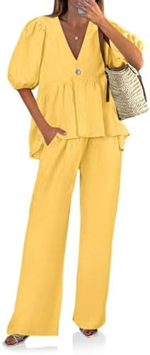 Tankaneo Womens 2 Piece Linen Sets Summer Vacation Outfits V Neck Puff Sleeve Babydoll Tops Wide ... | Amazon (US)
