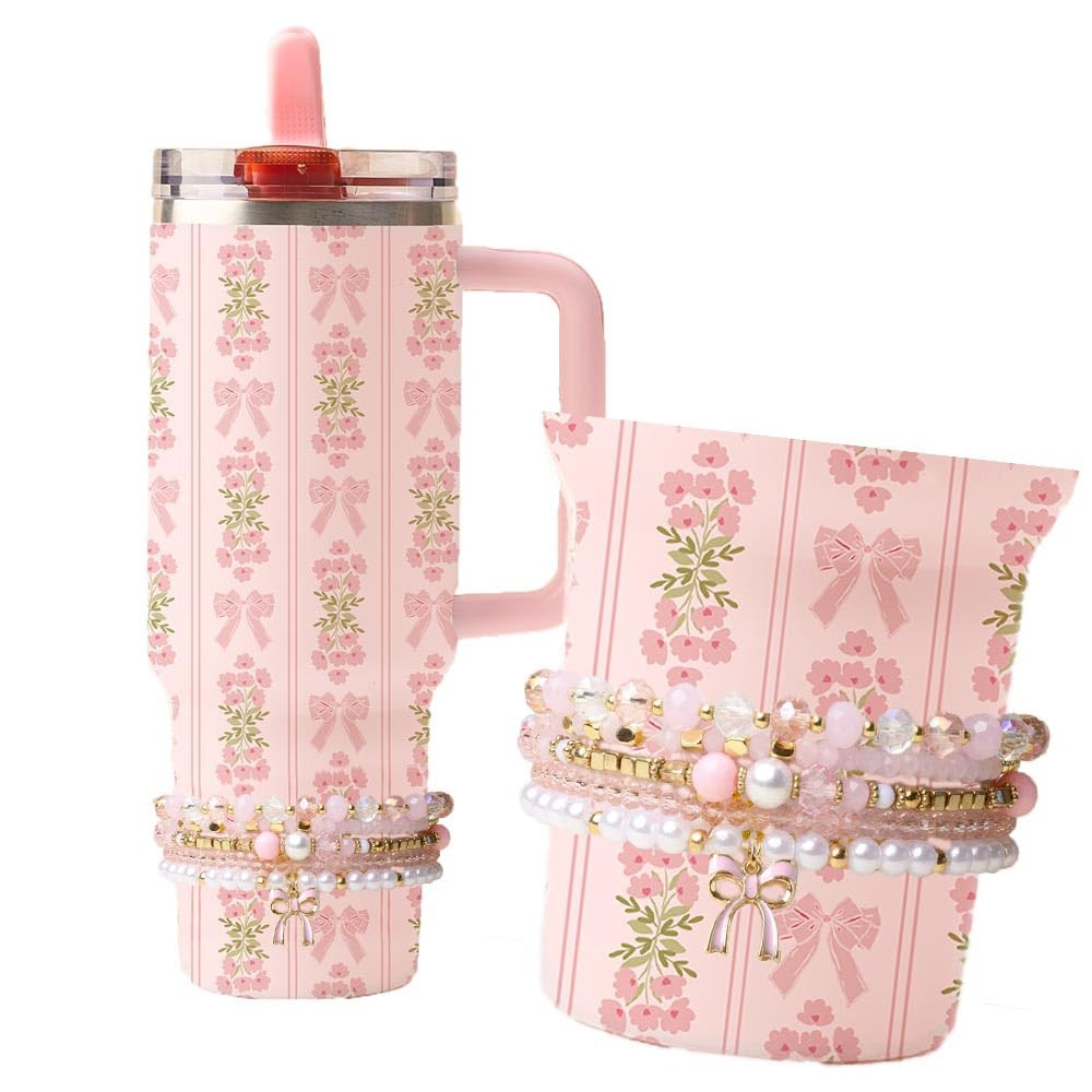 Pink Bow Tumbler with Handle and Lid | Matching Charm Bracelets | 40 oz | Stainless Steel Double ... | Amazon (US)
