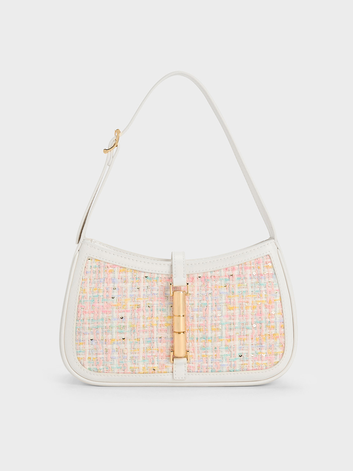 Cesia Metallic Accent Tweed Shoulder Bag
 - White | Charles & Keith UK