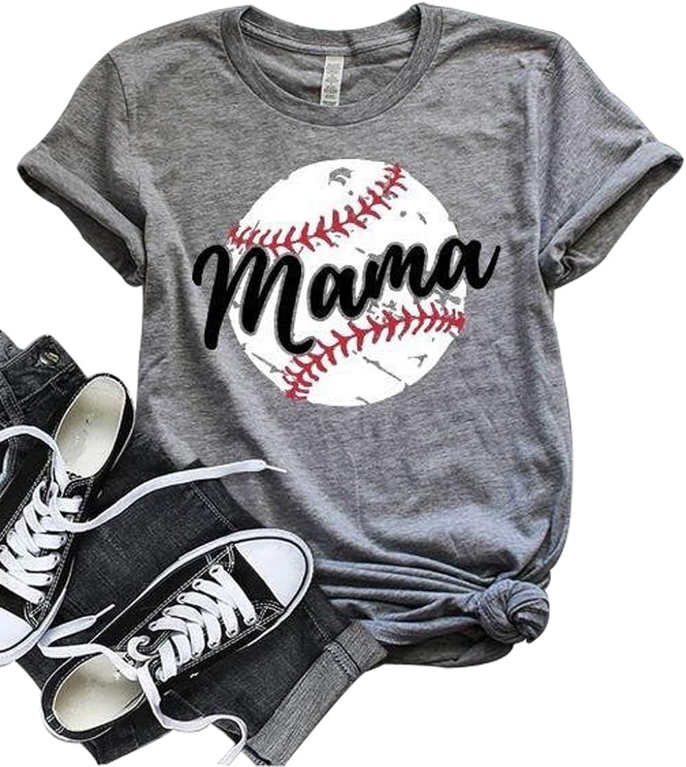 LONBANSTR Women Baseball Mom Mama Letter Print T Shirt Short Sleeve Tops Tee | Amazon (US)