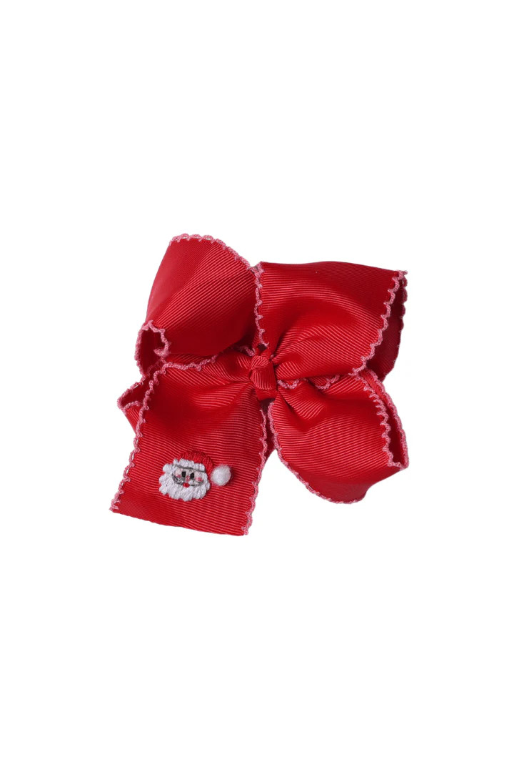 Embroidered Santa Scalloped Edge Grosgrain Bow Red/Pink | The Smocked Flamingo