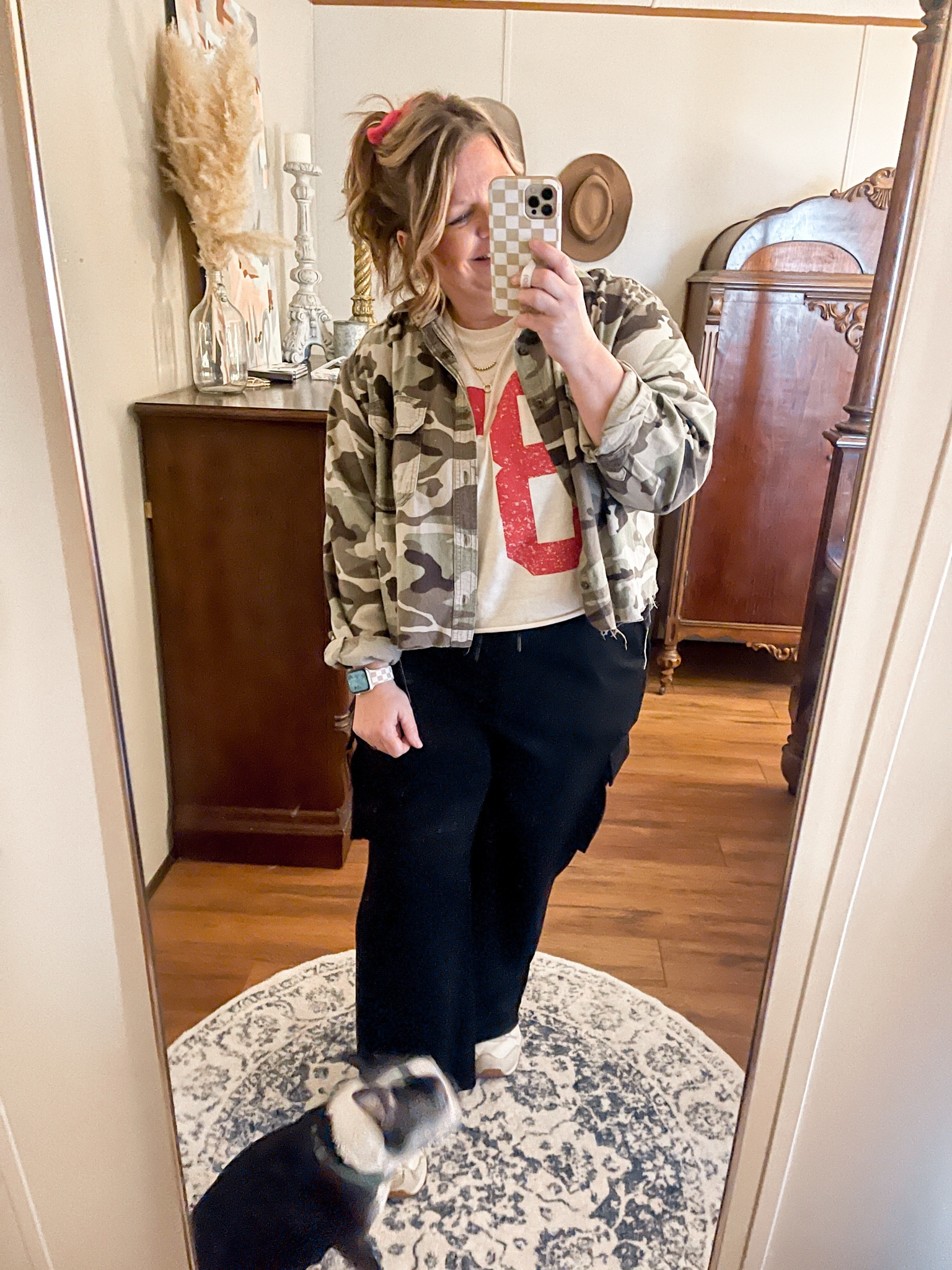 Today’s ootd ✨ | Camo, graphic tee, and wide-leg cargos. 

‘She is clothed with strength and dignity’ - Proverbs 31:25 #midsizestyle 

#LTKMidsize #LTKStyleTip #LTKOver40