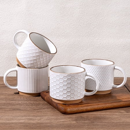 AmorArc 12OZ Stackable Ceramic Coffee Mugs with Texture Patterns, Modern Mug Set of 4 for Latte, Cappuccino and Cocoa, Dishwasher & Microwave Safe, off-white | Walmart (US)
