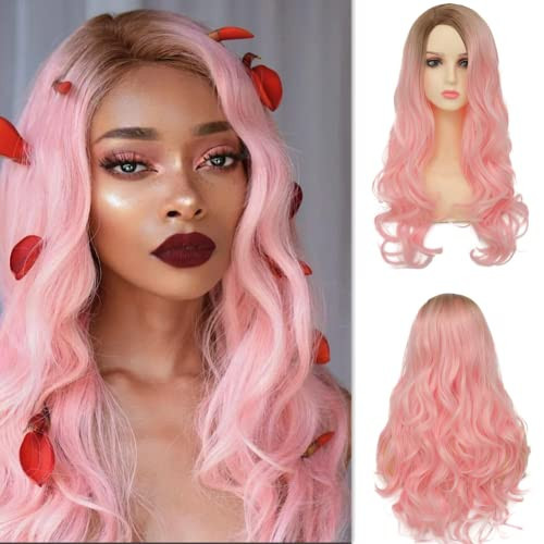 Dai Cloud Pink Wigs for Women Dark Roots Hairs Long Curly Wavy Light Pink Loose Natural Wig Synthetic Cosplay Wigs | Amazon (US)