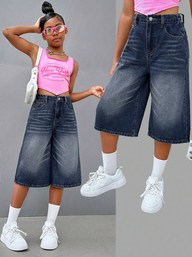 SHEIN Tween Girl Y2K Retro Washed Flap Pocket Baggy Denim Straight Leg Jeans Long Short,Girls Sum... | SHEIN