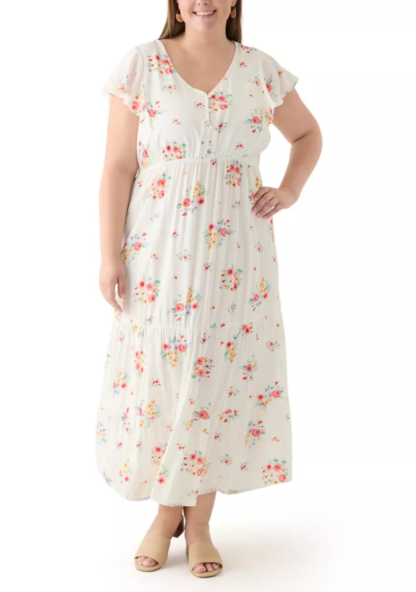 Plus Size Flutter Sleeve Printed Midi Dress | Belk