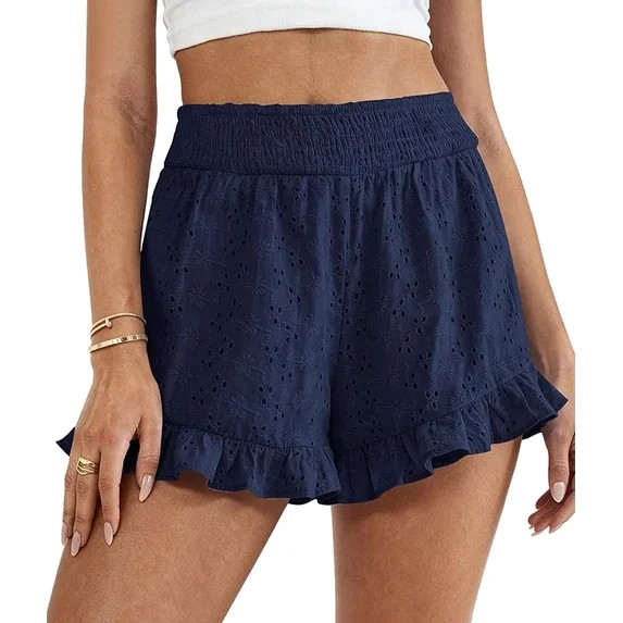 PRETTYGARDEN Summer Shorts for Women Boho Elastic Waist Ruffle Casual Hollow Out Embroidered Beac... | Walmart (US)
