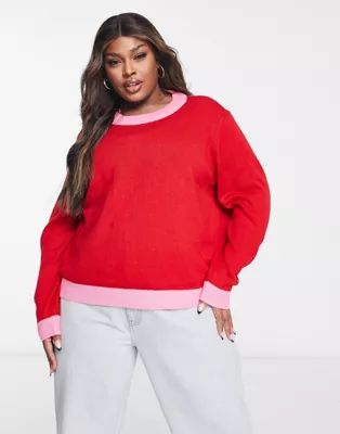 Pieces Curve exclusive round neck sweater in bright red with pink contrast trims | ASOS (Global)