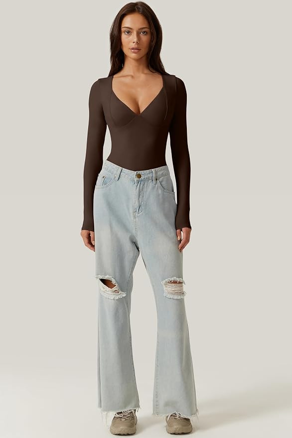 QINSEN Women's Long Sleeve Bodysuit V Neck Body Suits Seamed Cup Going Out Tops Shirt | Amazon (US)