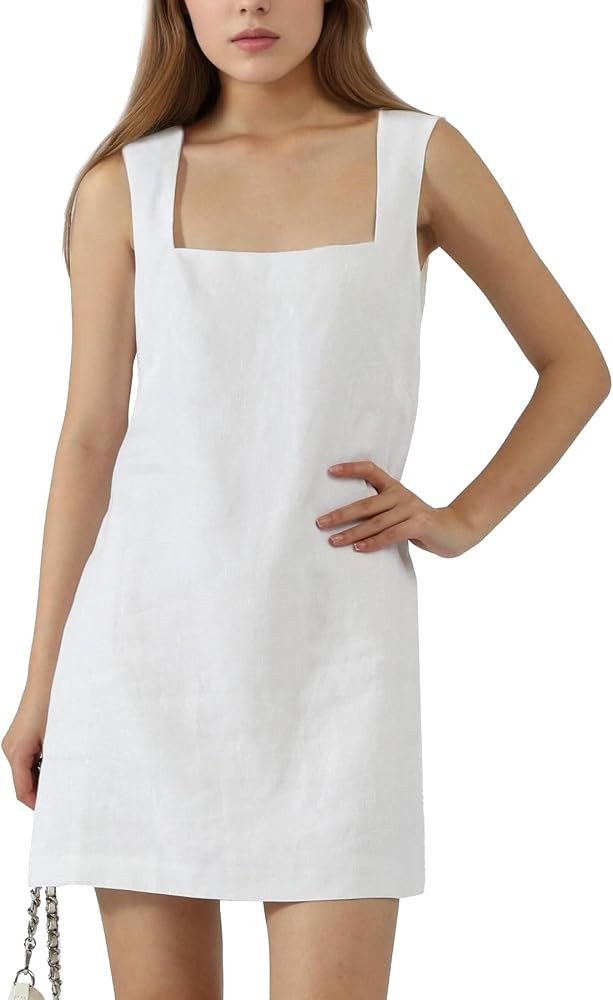 CLSEN Womens 100% Linen Mini Dress Square Neck\u2013 Tailored Fit     Sleeveless Short Dress,A-Li... | Amazon (US)