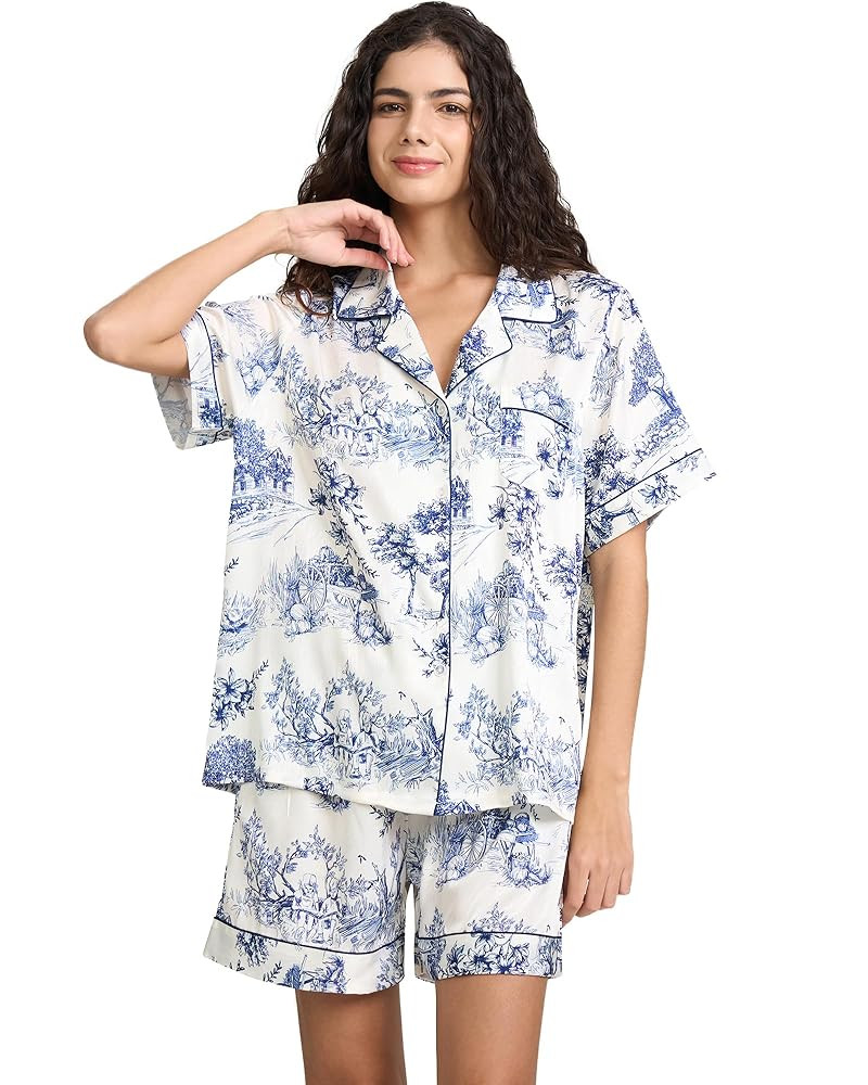 Womens Silk Satin Shorts Pajamas Set Button Down 2 Piece Pjs Short Sleeve Oversized Sleepwear wit... | Amazon (US)