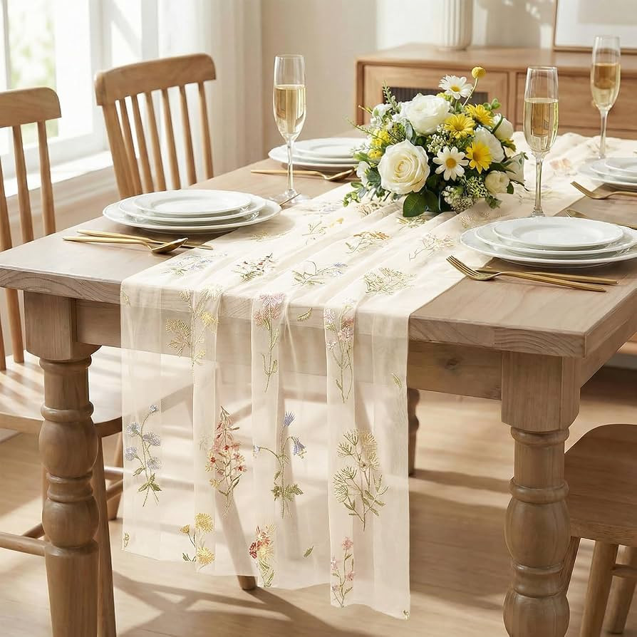 Artoid Mode Wildflower Floral Beige Apricot Gauze Embroidery Table Runner 120 Inch 10FT, Tulle Se... | Amazon (US)