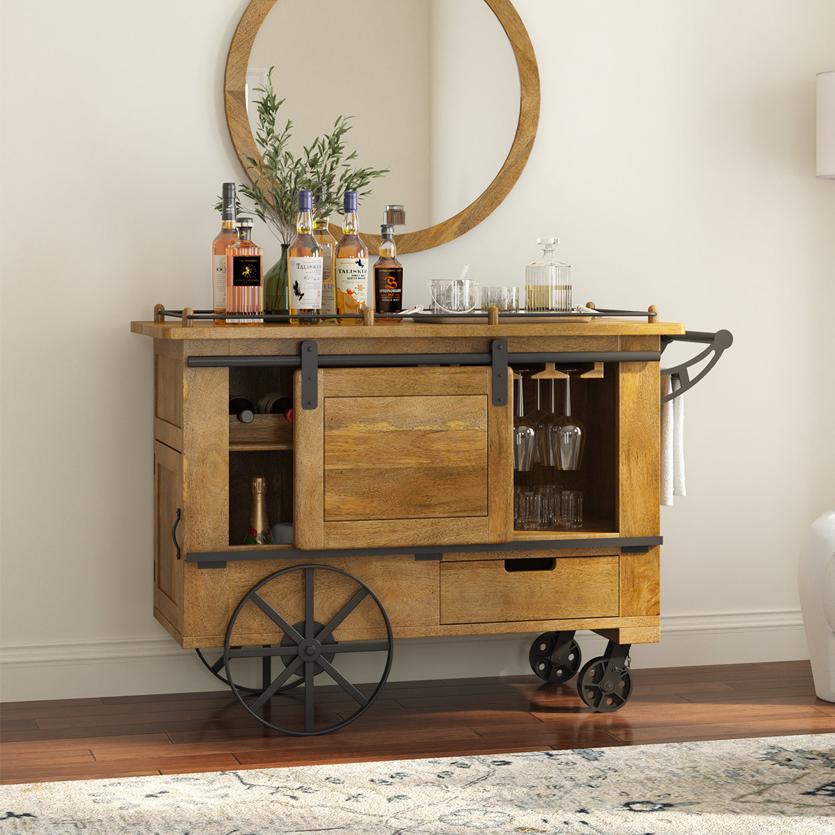 Bieber Large Industrial Farmhouse Bar Cart with Barn Door | Sierra Living Concepts