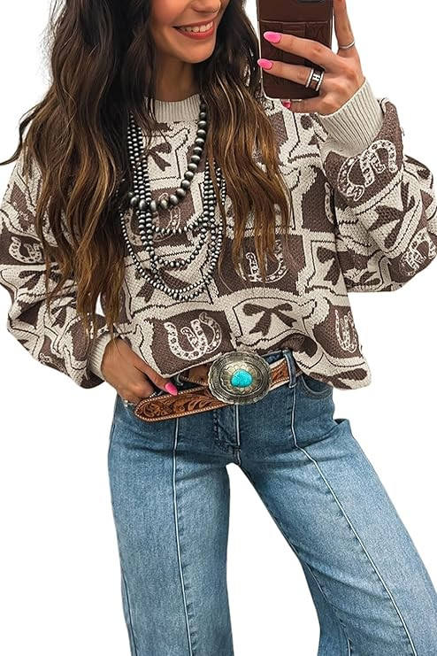 Womens Crewneck Western Sweater Casual Bow Horseshoes Pattern Long Sleeve Knitted Shirts Tops | Amazon (US)