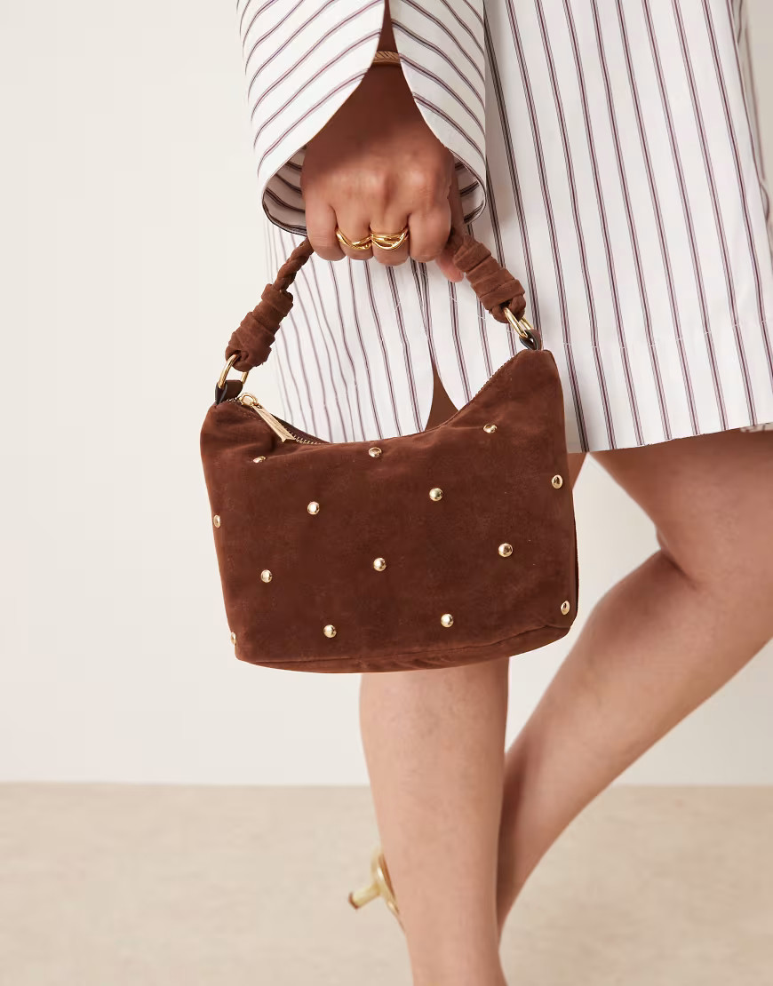 Accessorize stud faux suede handheld bag in brown | ASOS (Global)