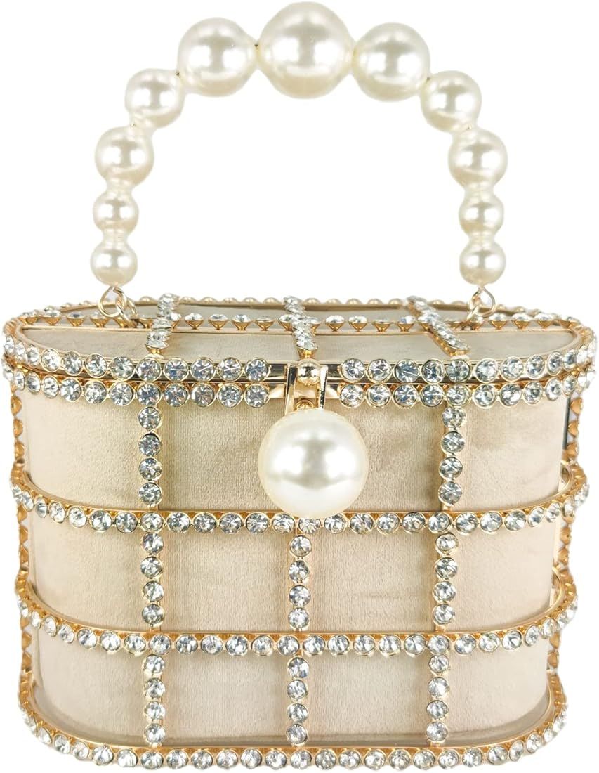 Synthetic Pearl Top-Handle Women Metal Bucket Bag Crystal Evening Purses and Clutches Formal Wedding | Amazon (US)