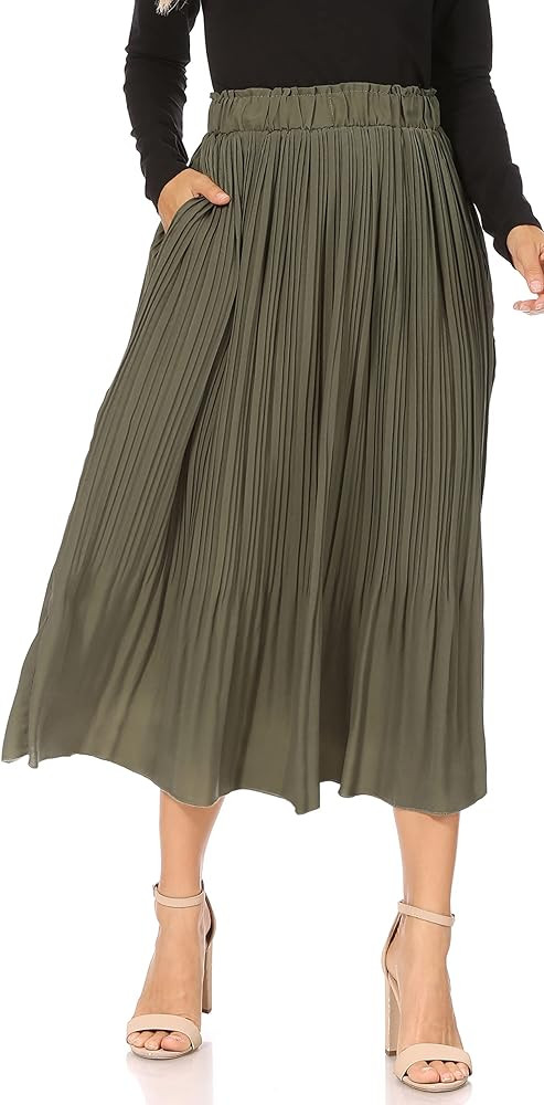 Pleated Midi Skirts for Women with Pockets, Elastic High Waisted Skirt Reg & Plus Size Womens Sum... | Amazon (US)