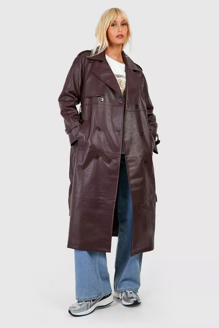 Double Breast Faux Leather Maxi Trench Coat | Boohoo.com (UK & IE)