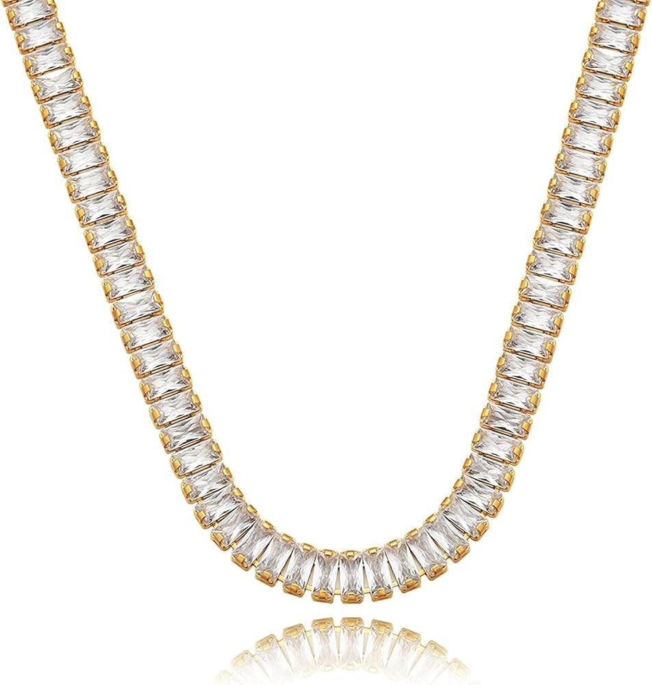 Foxgirl Tennis Necklace 18k Gold Plated Sparkling Tennis Choker Baguette Cubic Zirconia Tennis Neckl | Amazon (US)
