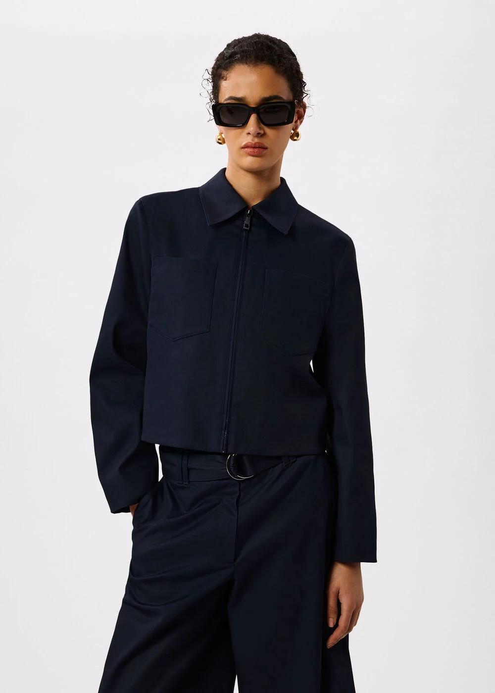 Navy Compact Cotton Cropped Jacket | WHISTLES | Whistles UK | | Whistles