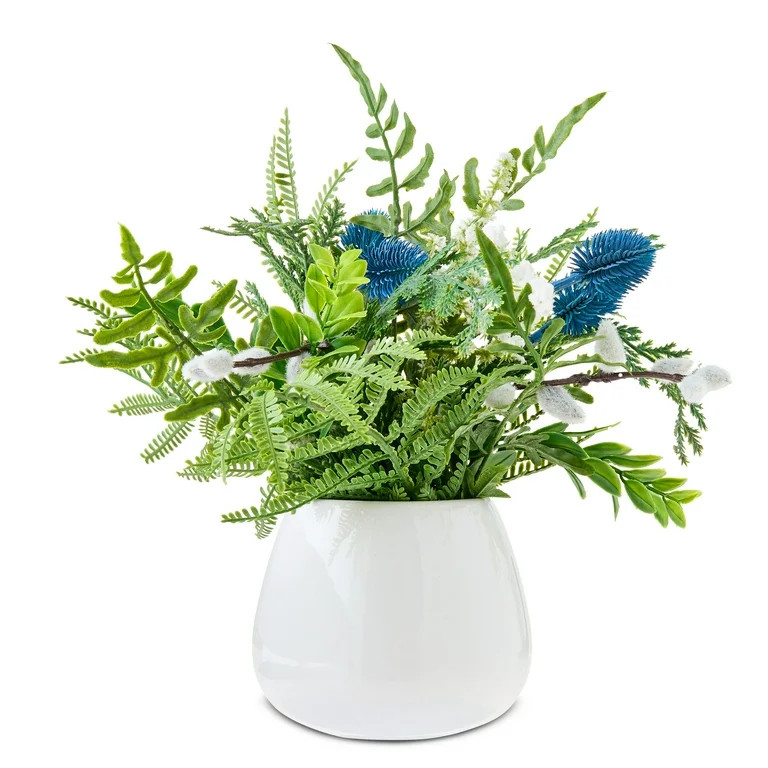 Winter Thistle and Fern Arrangement in Vase Tabletop Decor, White, 10.86", by Holiday Time | Walmart (US)
