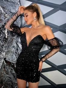 Double Crazy Mesh Puff Sleeve V Bar Rhinestone Dress | SHEIN