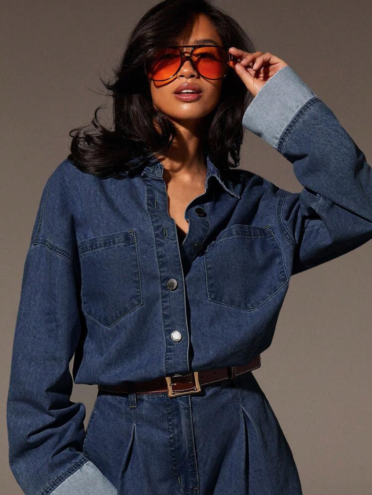 Athîral Women's Solid Color Pocket Casual Long Sleeve Denim Jumpsuit | SHEIN