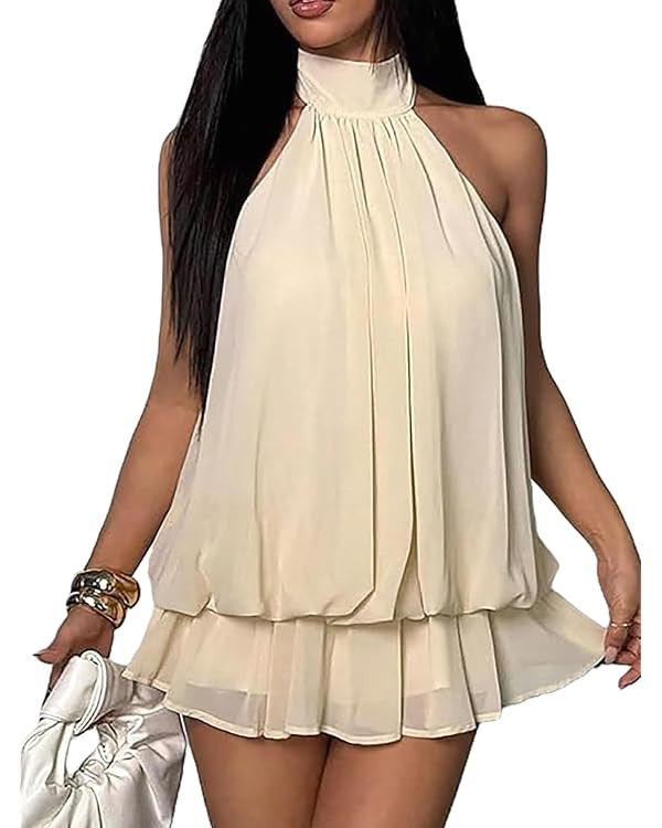 SHENHE Women's Chiffon High Neck Halter Mini Dress Ruffle Wedding Guest Birthday Party Dress | Amazon (US)