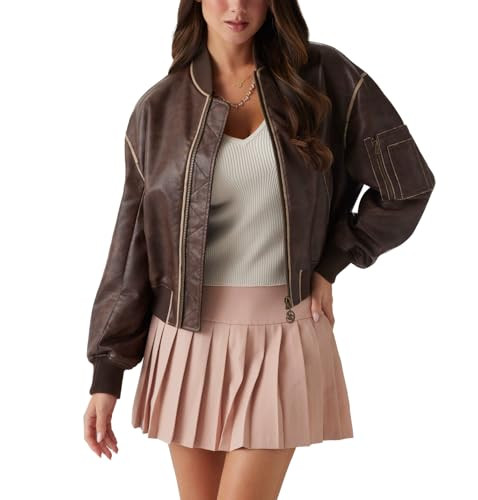 GUESS Women's Angelique Vintage Faux Leather Bomber, Regal Brown | Amazon (US)