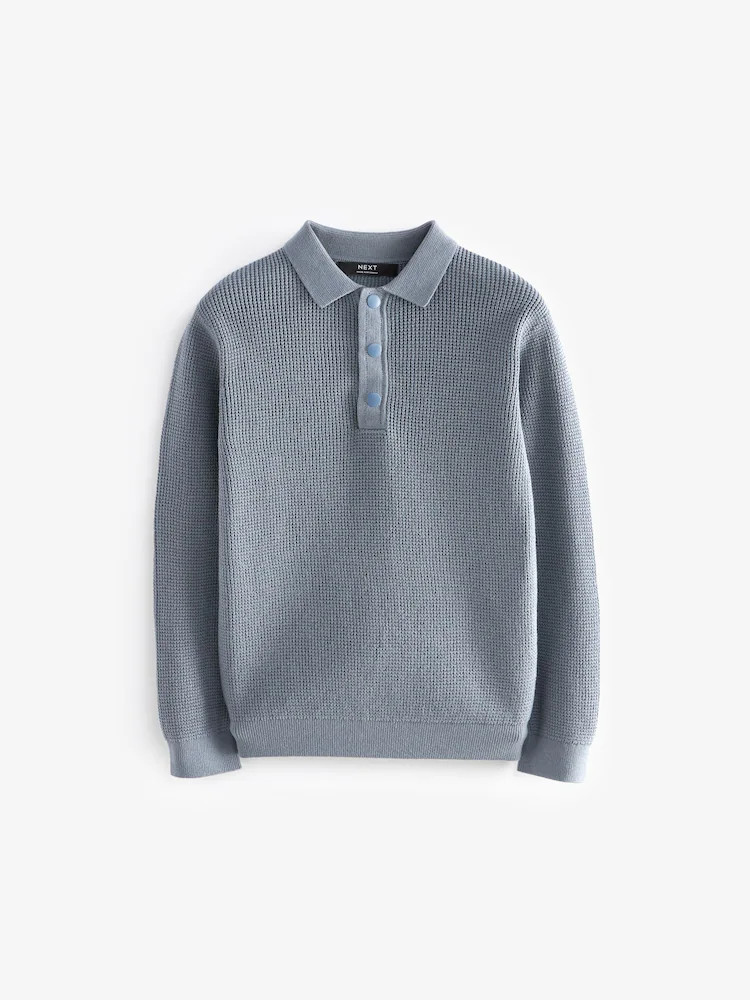 Blue Long Sleeve Textured Polo Shirt (3-16yrs) | Next US