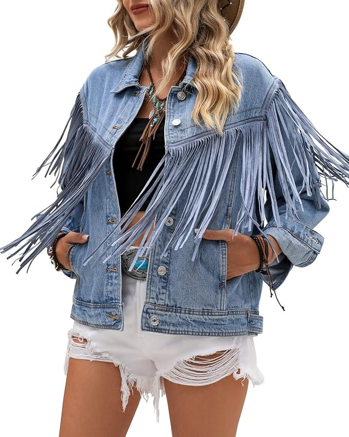 Vetinee Denim Jacket for Women Fringe Trucker Jean Jacket Distressed Western Cowgirl Shacket Jack... | Amazon (US)