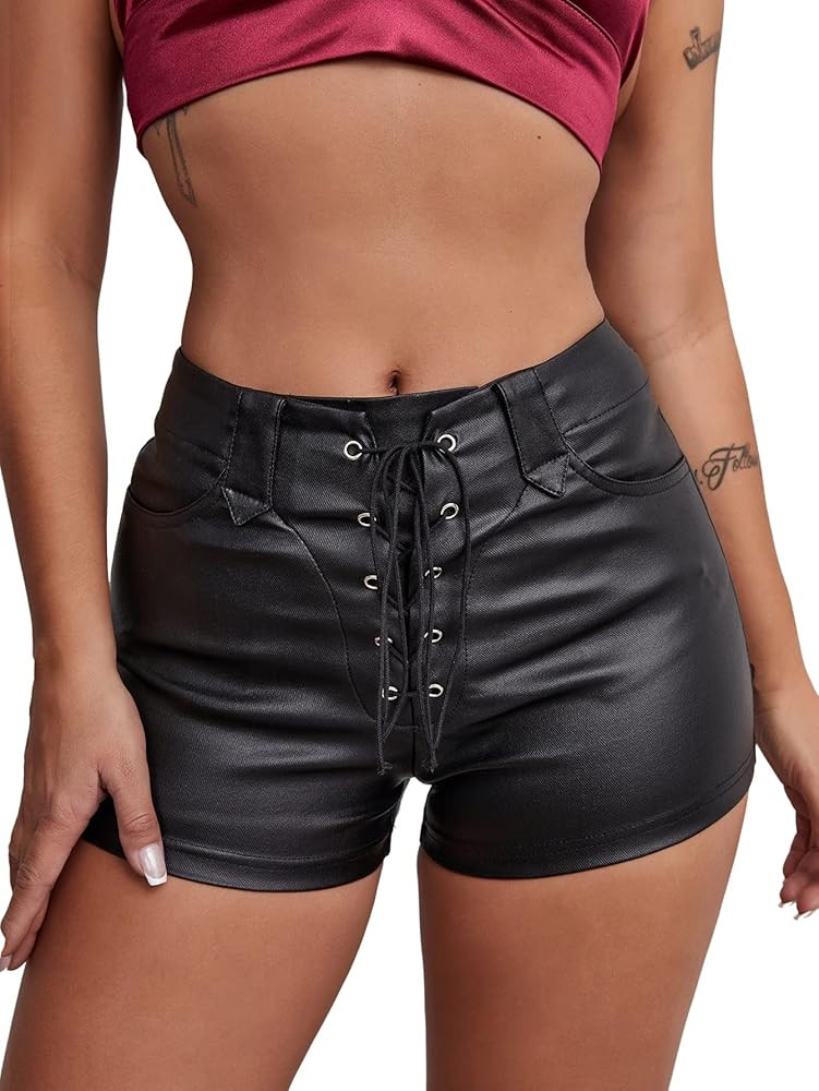 Floerns Women's Eyelets Drawstring Front High Waisted Solid Leather Shorts | Amazon (US)