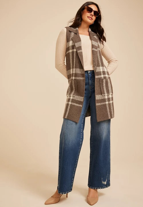Plaid Duster Length Open Front Vest | maurices | Maurices