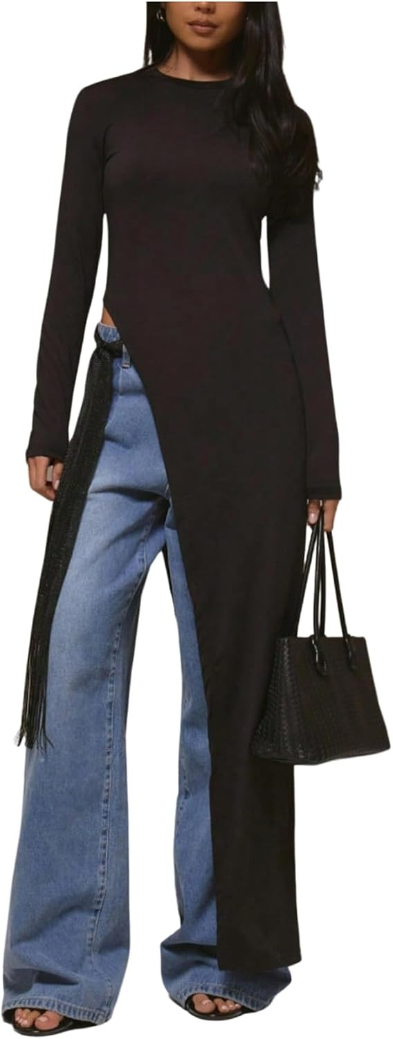 RoseSeek Women's Asymmetrical Long Sleeve Tops Split Hem Fitted T Shirt Y2k Going Out Tops for Party Night Out | Amazon (US)