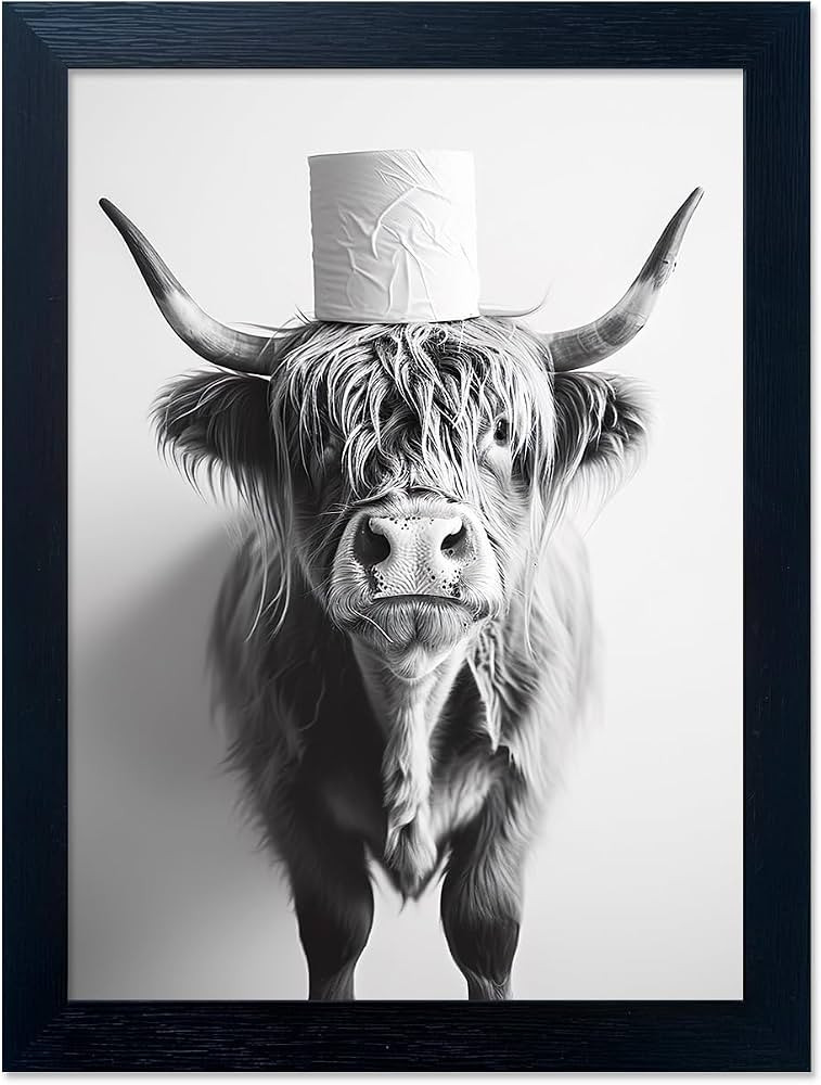 Framed Black and White Bathroom Wall Decor Highland Cow with Toilet Paper on Head Canvas Wall Art... | Amazon (US)