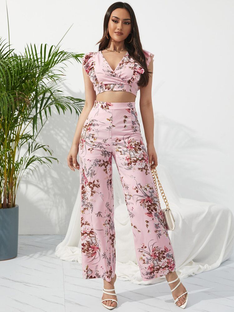 Floral Print Ruffle Trim Tie Back Crop Top & Wide Leg Pants | SHEIN
