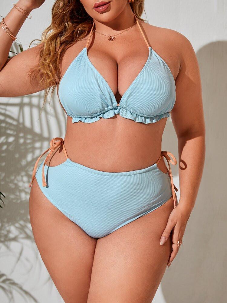Plus Frilled Halter Triangle Tie Side Bikini Swimsuit | SHEIN
