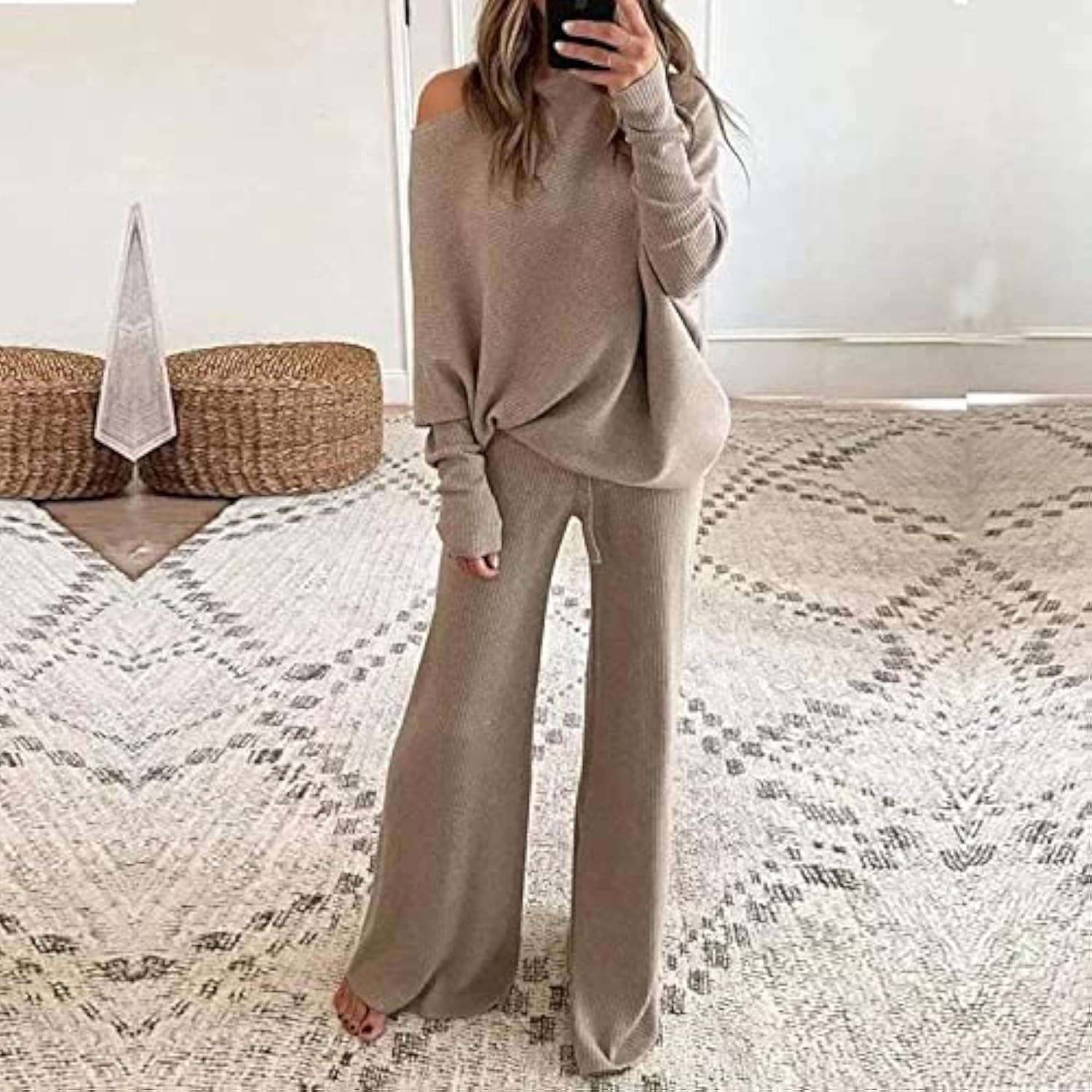 Womens One Shoulder Knitted Tracksuit Casual 2 Piece Pullovers Tops Drawstring Wide Leg Pants Lounge | Amazon (US)
