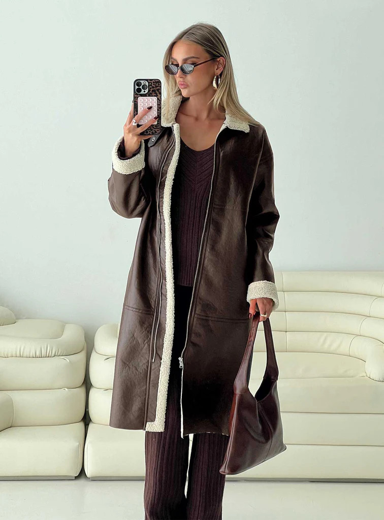 Ammelia Shearling Long-line Jacket Brown | Princess Polly US