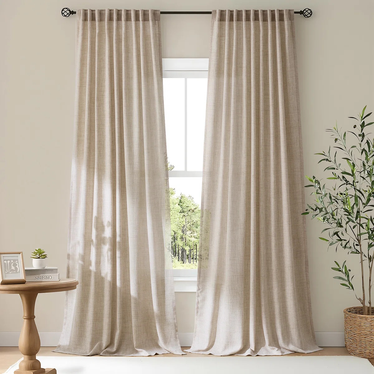 Linen semi sheer Curtains,Neutral Modern Farmhouse Country Window Living Room Bedroom Rod Pocket ... | Wayfair North America