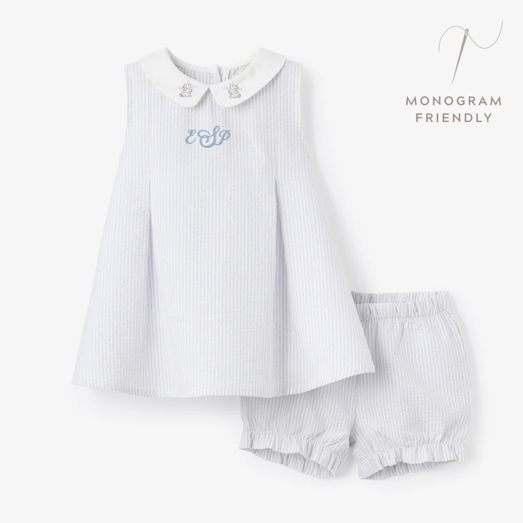 Blue Seersucker Embroidered Bunny Dress | Elegant Baby