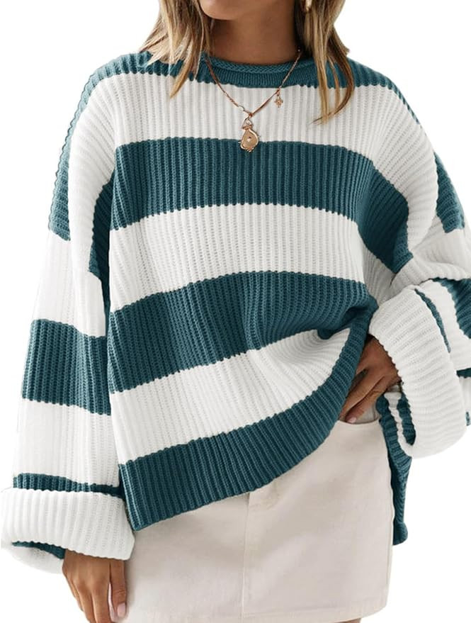 ZESICA Women's 2024 Fall Long Sleeve Crew Neck Striped Color Block Comfy Loose Oversized Knitted ... | Amazon (US)
