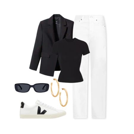 Work outfit inspo 
#blazer #whitejeans #vejasneakers #sunglasses #earrings 

#LTKstyletip #LTKFind #LTKworkwear